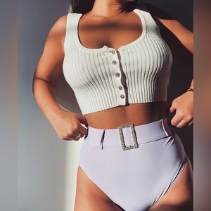 Meski Addison Ribbed Button Crop Top with Crystal Buttons White